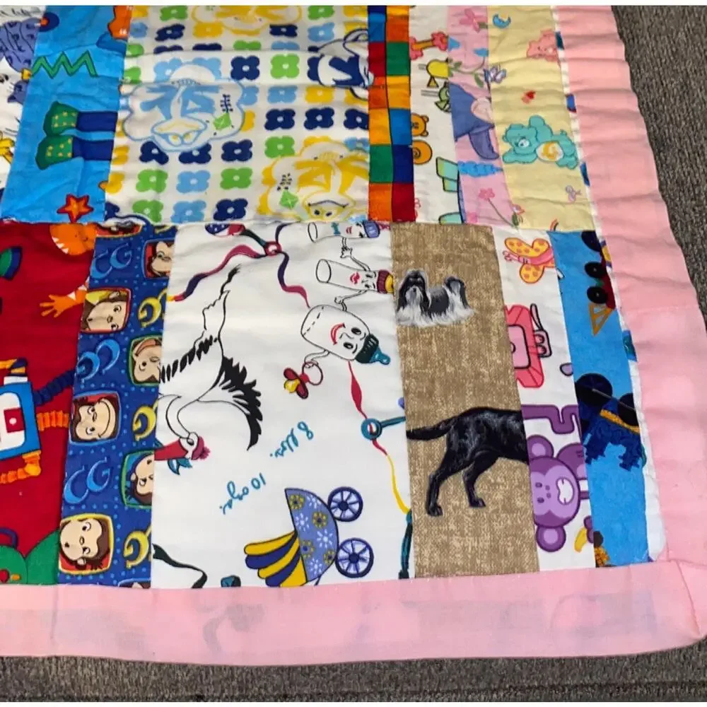 Vintage Baby Blanket Quilt Reversible Multi-colored Colorful Designs 1990s